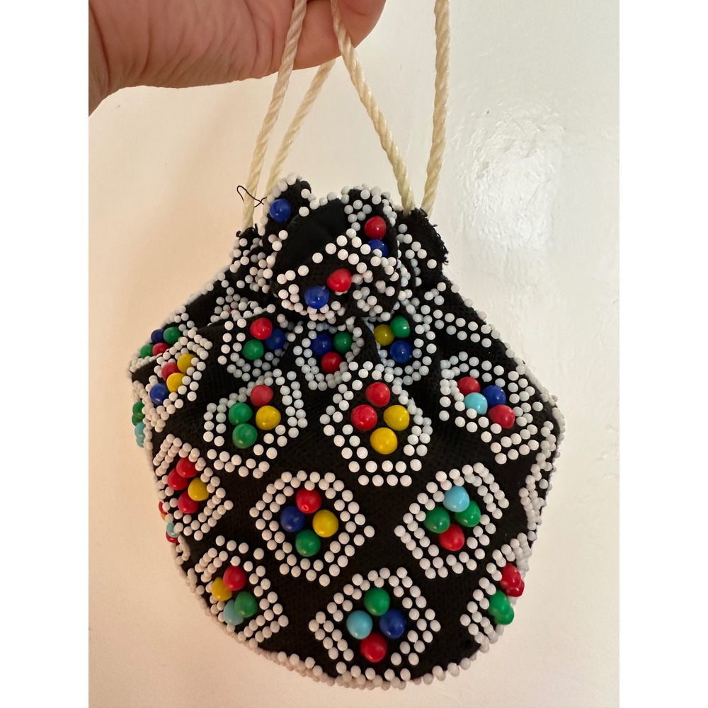 Vintage‎ 1960s Beaded Drawstring Pouch Bag MCM Multicolor Bead Purse Rockabilly